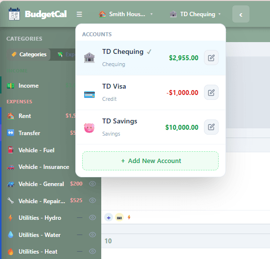 Chequing, savings and credit accounts side by side in one calendar.