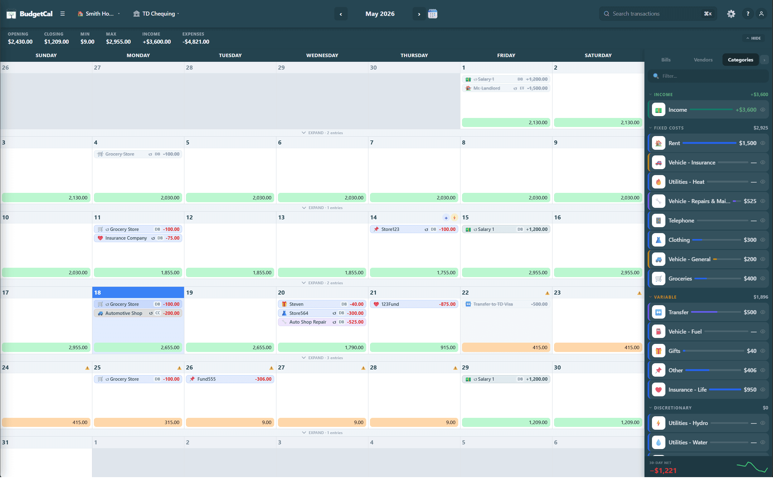 Transactions placed on calendar days with a running daily balance beneath each day.
