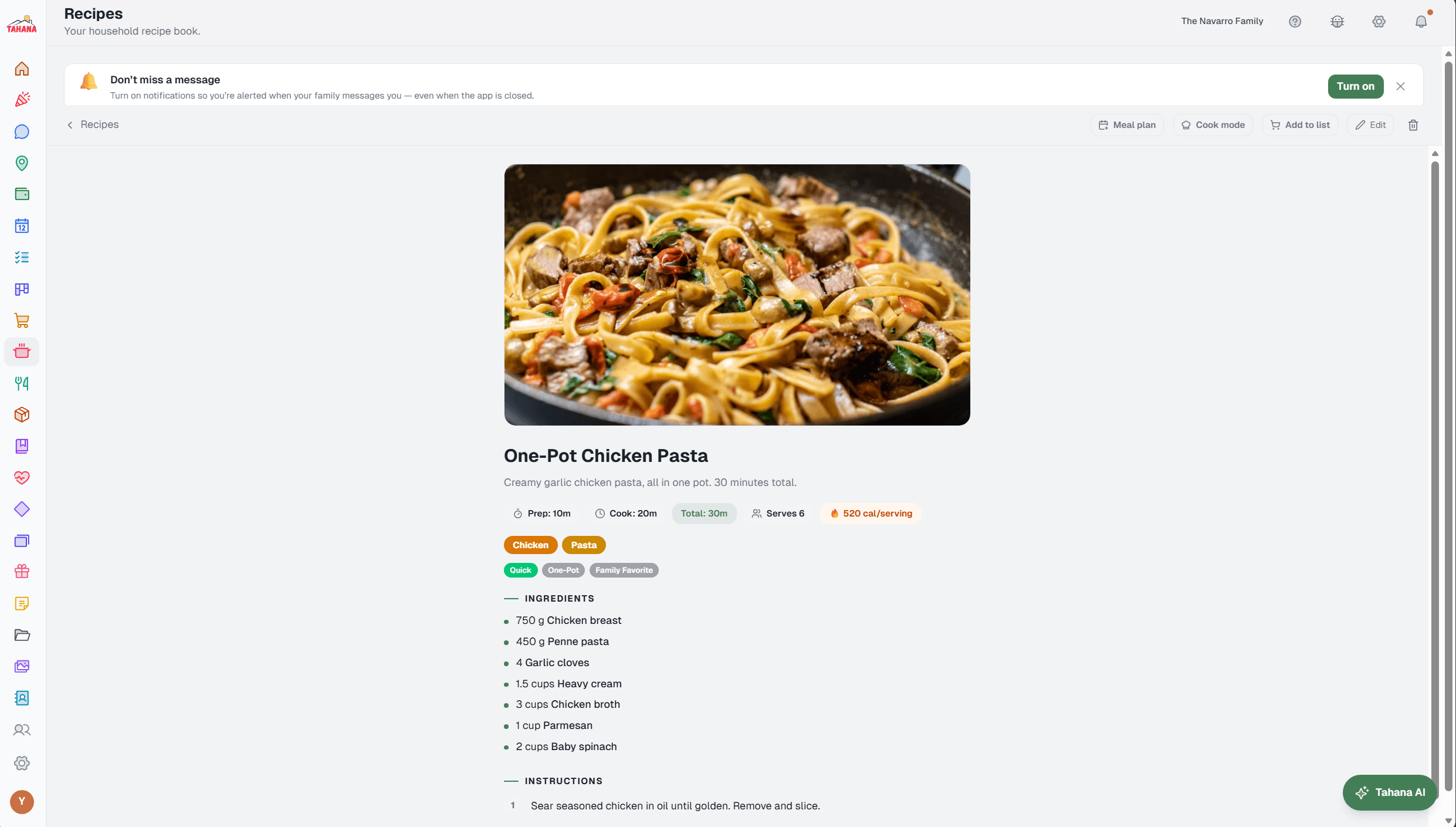 A recipe library that feeds the meal planner and the shopping list.