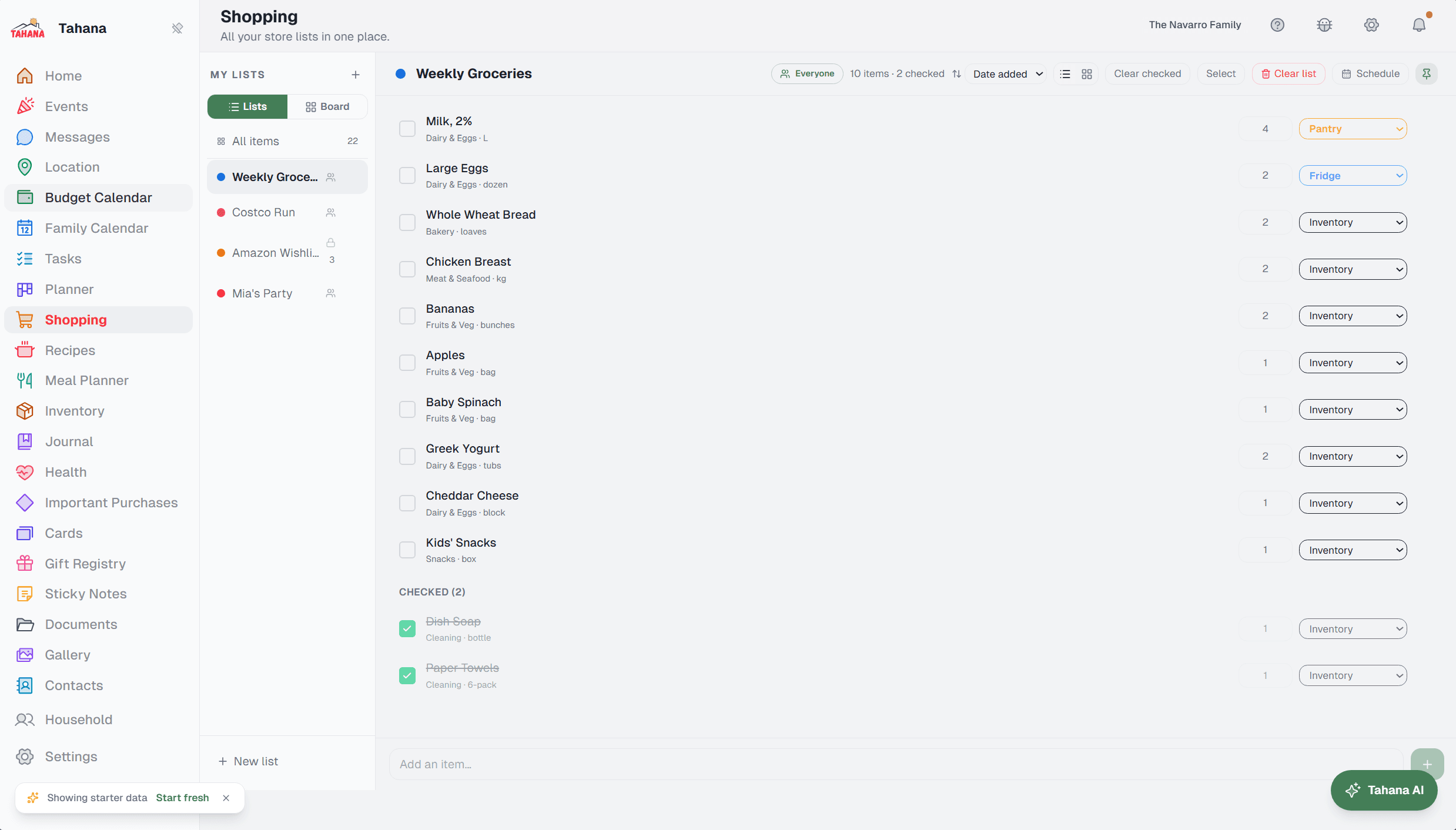 Shared shopping lists built from the week's planned meals.